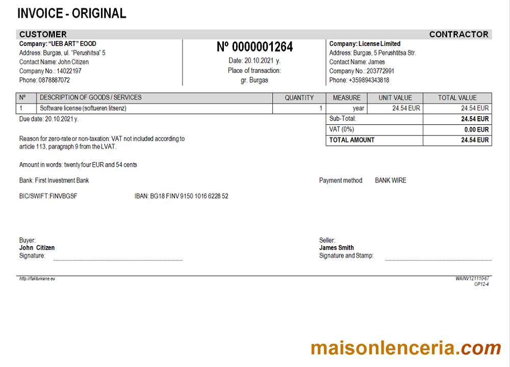 Bulgary UEB ART EOOD company faktura słowo i szablon PDF